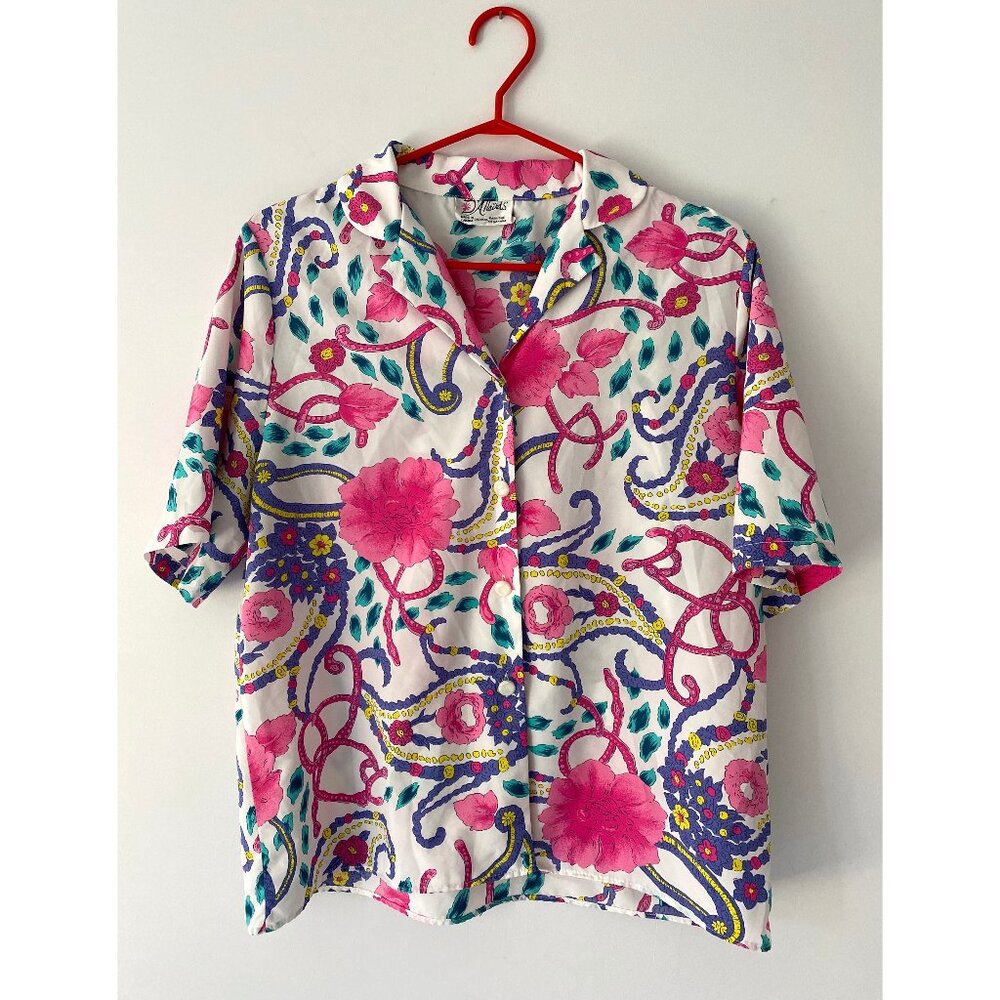 80s vintage floral abstract swirl print summer silky button up blouse shirt
